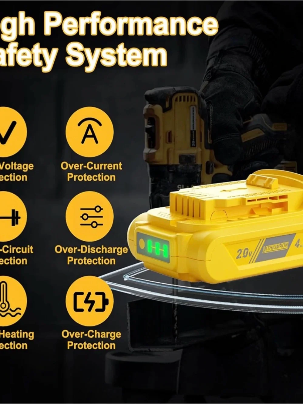 20V Yellow Lithium-Ion 4.0Ah Replacement Battery Pack - fits Dewalt 20V Max